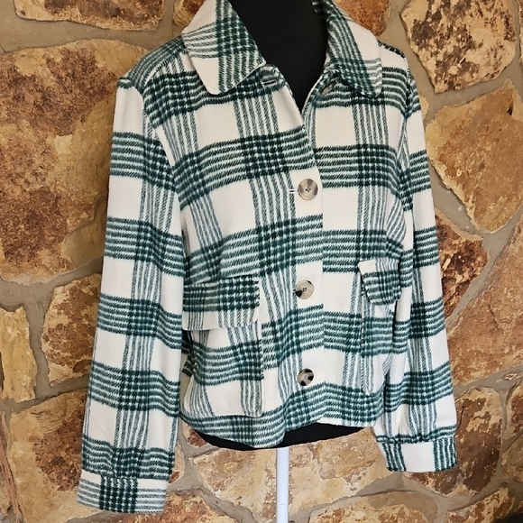 LC Lauren Conrad Green and White Utility Jacket‎ with Plaid Pattern - Picture 1 of 8